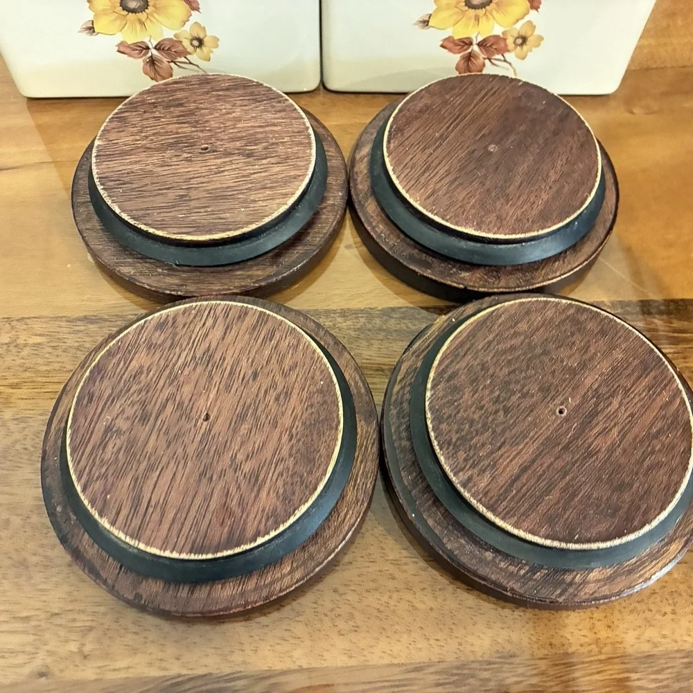 Vintage Hyalyn USA Mid-Century Modern Wildflowers Canister Set of 4 Wooden Lids